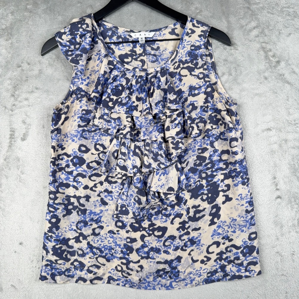 Cabi‎ Ruffle Sleeveless Blouse Top Women's Small Blue Leopard Print 100% Silk